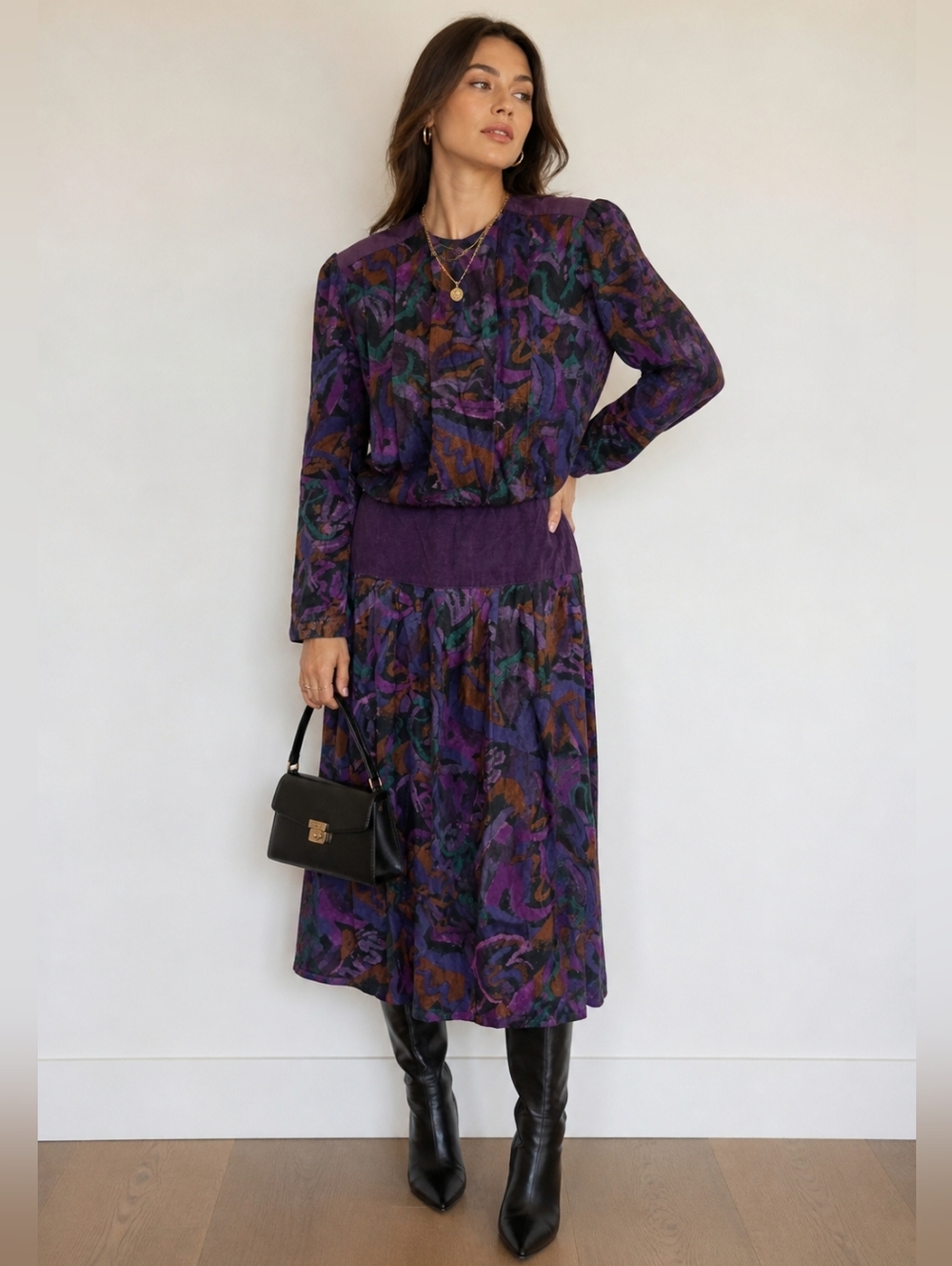 80s Abstract Geometric Print Midi Dress Purple Teal Rayon Wool Shoulder Pads M image 2